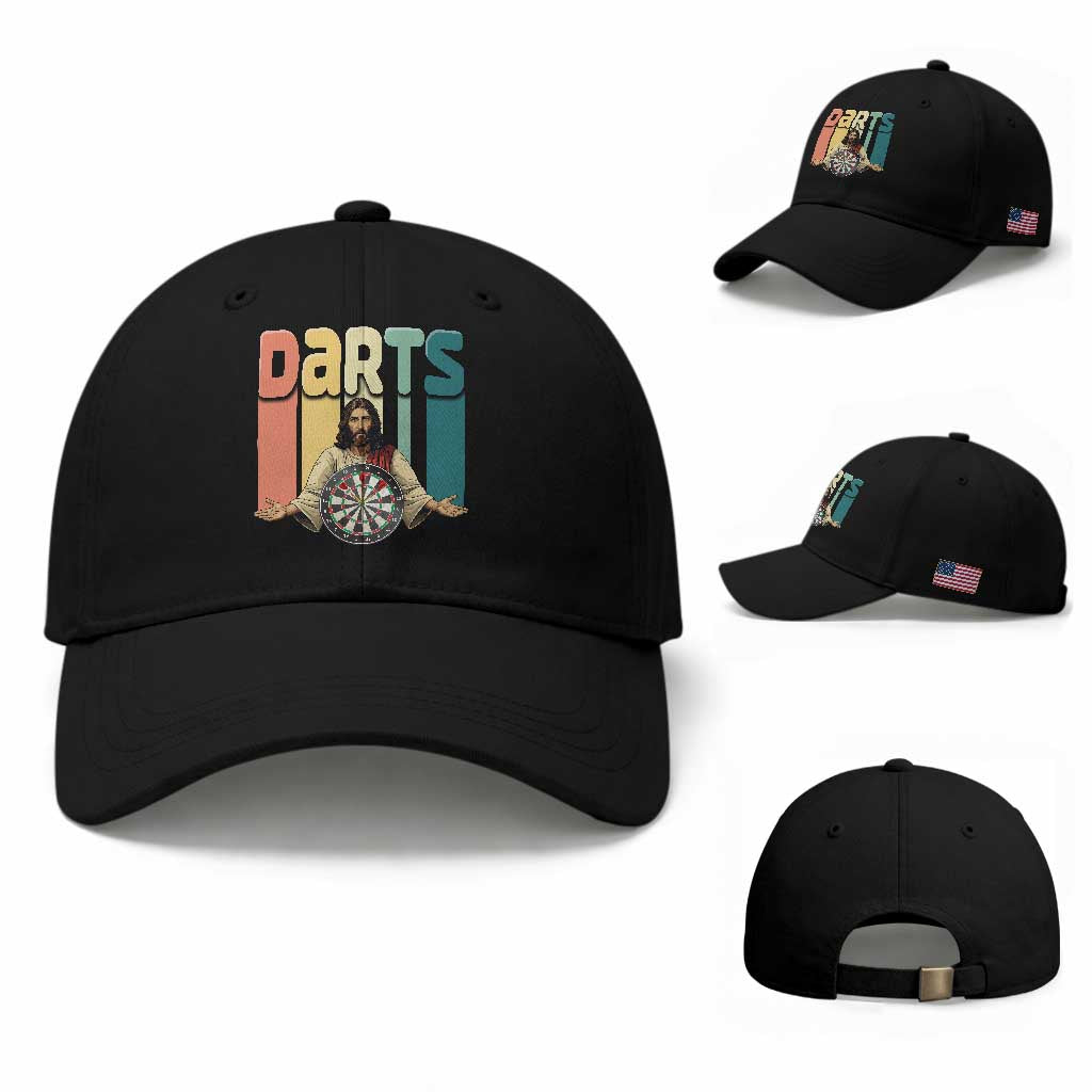 Funny Jesus Dart Player Sunset Retro Vintage Baseball Cap Christian Dartist Gift TS12 Baseball Cap Universal Fit Black Print Your Wear