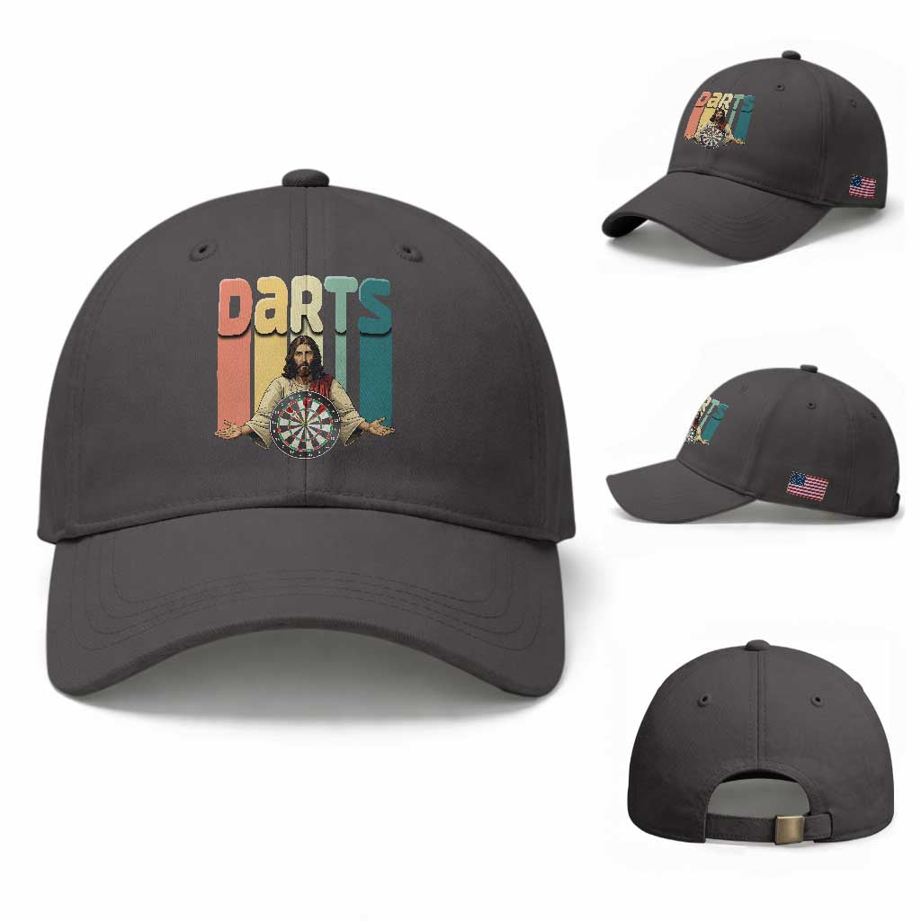 Funny Jesus Dart Player Sunset Retro Vintage Baseball Cap Christian Dartist Gift TS12 Baseball Cap Universal Fit Dark Gray Print Your Wear