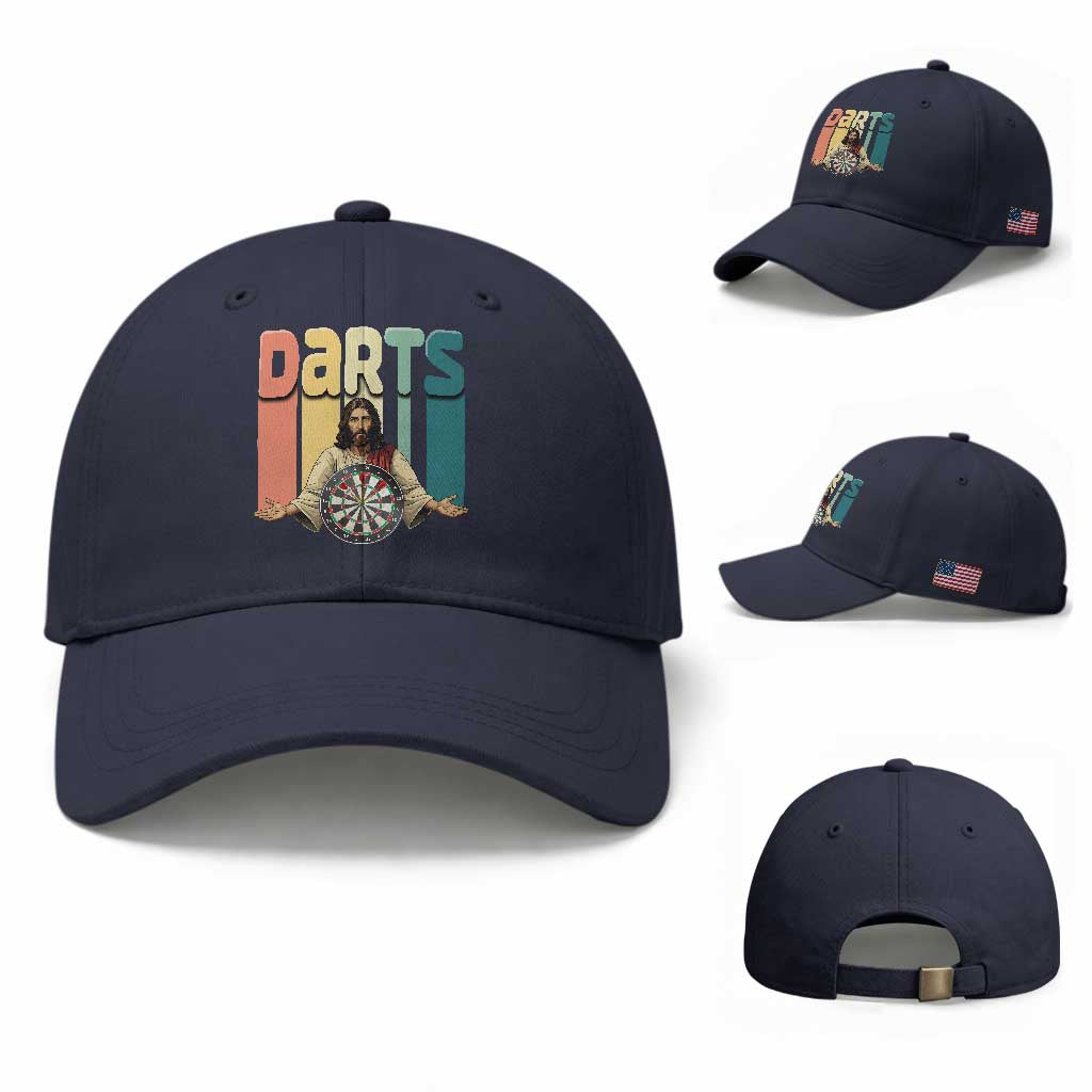 Funny Jesus Dart Player Sunset Retro Vintage Baseball Cap Christian Dartist Gift TS12 Baseball Cap Universal Fit Navy Print Your Wear