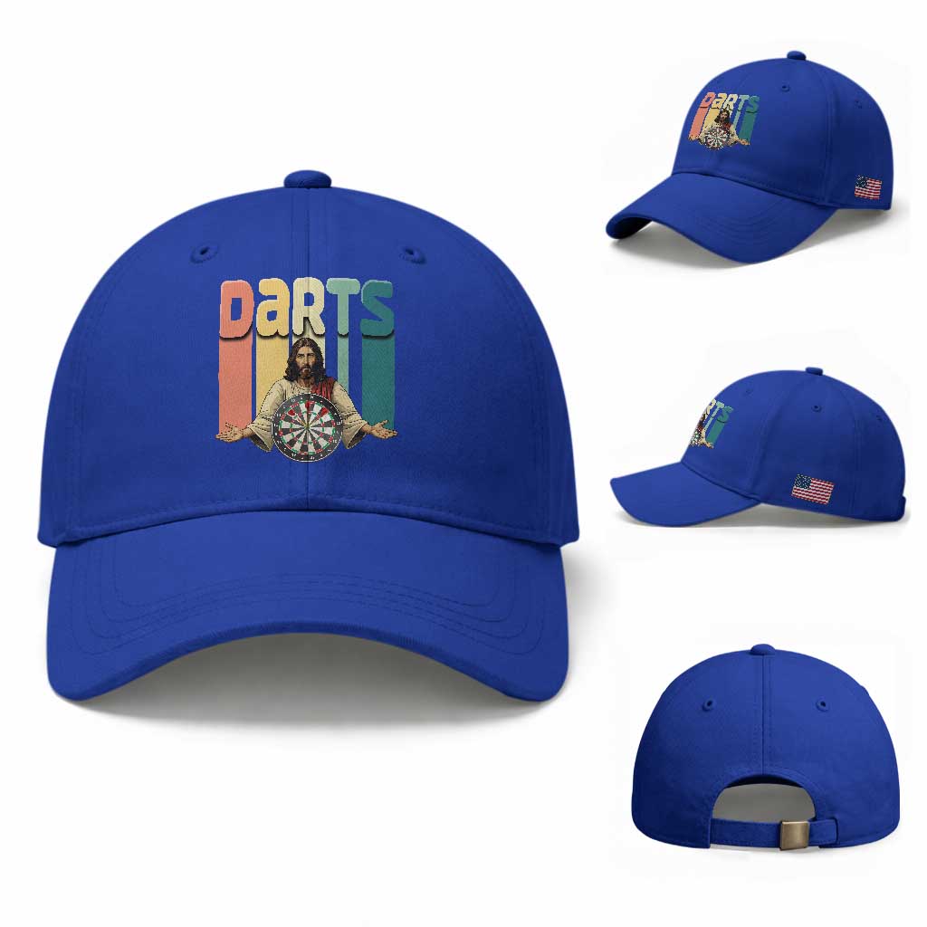 Funny Jesus Dart Player Sunset Retro Vintage Baseball Cap Christian Dartist Gift TS12 Baseball Cap Universal Fit Royal Blue Print Your Wear