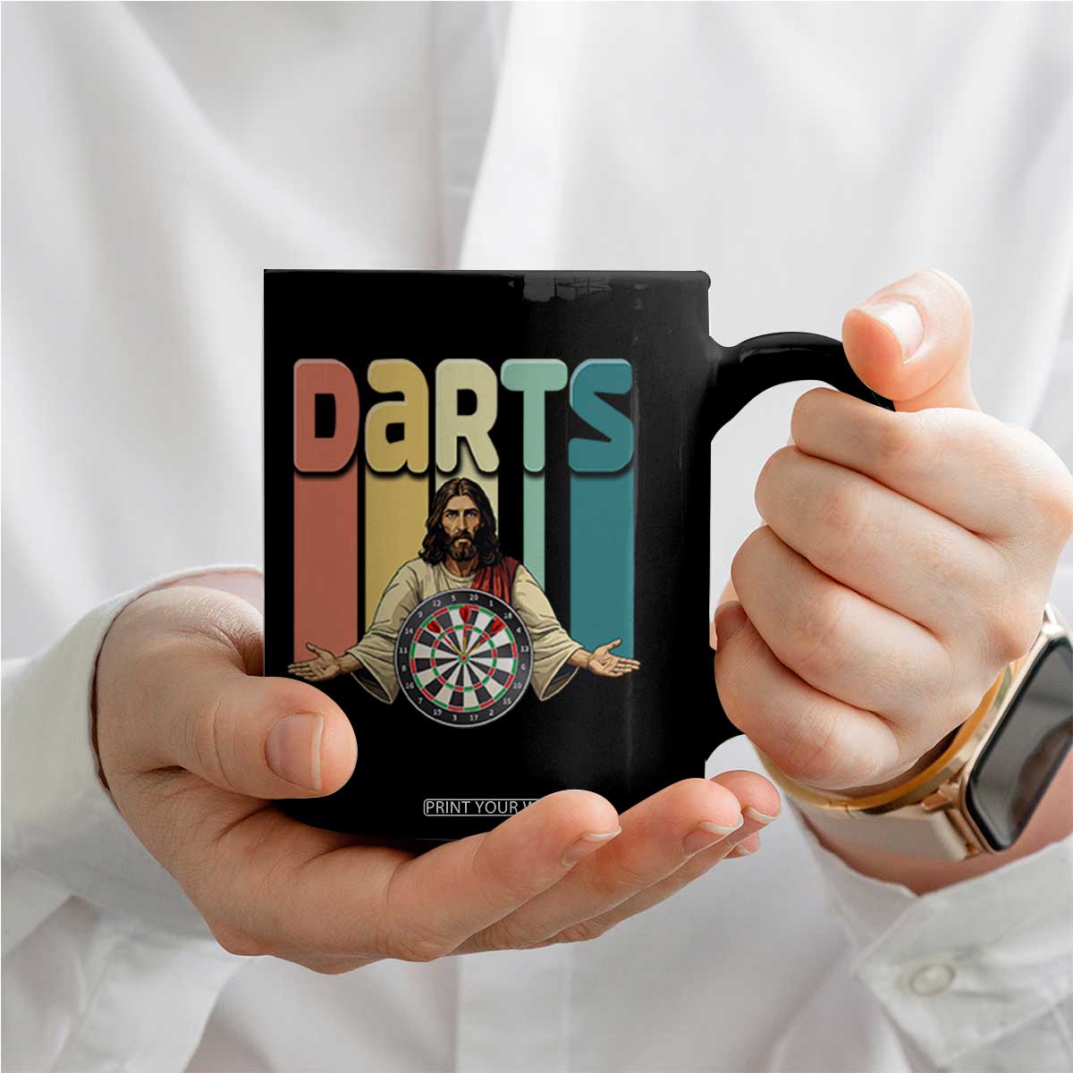 Funny Jesus Dart Player Sunset Retro Vintage Coffee Mug Christian Dartist Gift TS12 Print Your Wear