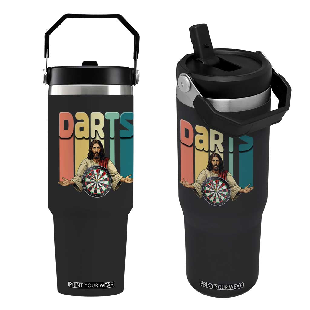 Funny Jesus Dart Player Sunset Retro Vintage Flip Straw Tumbler Christian Dartist Gift TS12 One Size: 30 oz Black Print Your Wear