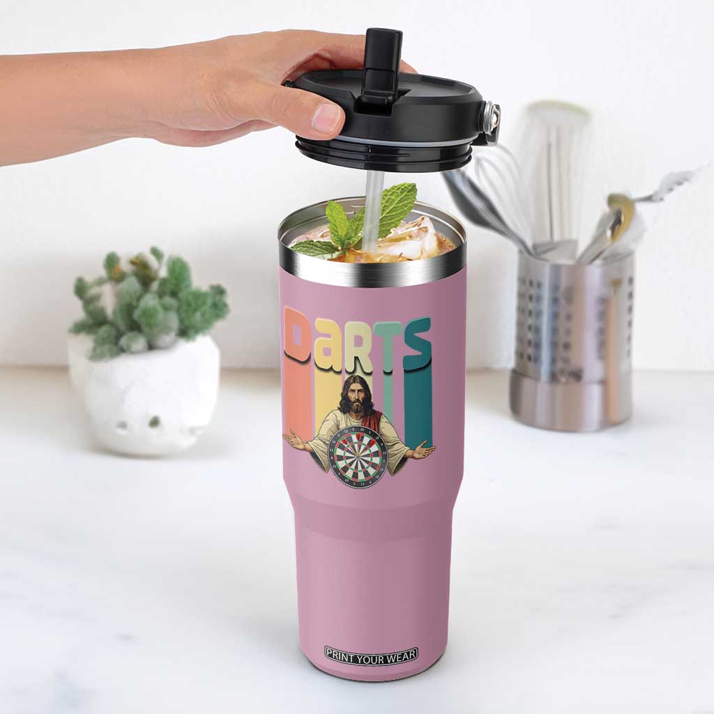 Funny Jesus Dart Player Sunset Retro Vintage Flip Straw Tumbler Christian Dartist Gift TS12 One Size: 30 oz Light Pink Print Your Wear
