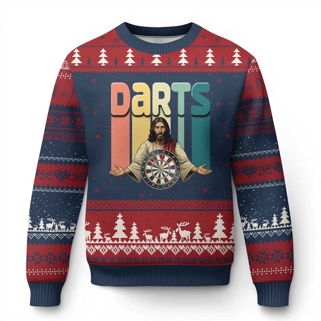 Funny Jesus Dart Player Sunset Retro Vintage Ugly Christmas Sweater Christian Dartist Gift TS12 Navy Red Print Your Wear