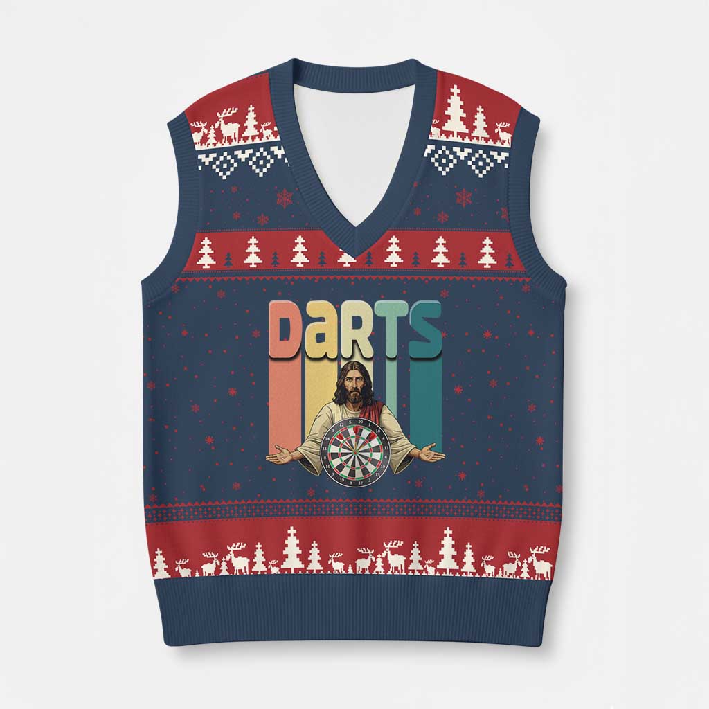 Funny Jesus Dart Player Sunset Retro Vintage V-Neck Knit Sweater Vest Christian Dartist Gift TS12 Navy Red Print Your Wear