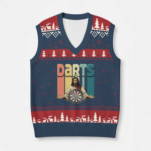 Funny Jesus Dart Player Sunset Retro Vintage V-Neck Knit Sweater Vest Christian Dartist Gift TS12 Navy Red Print Your Wear