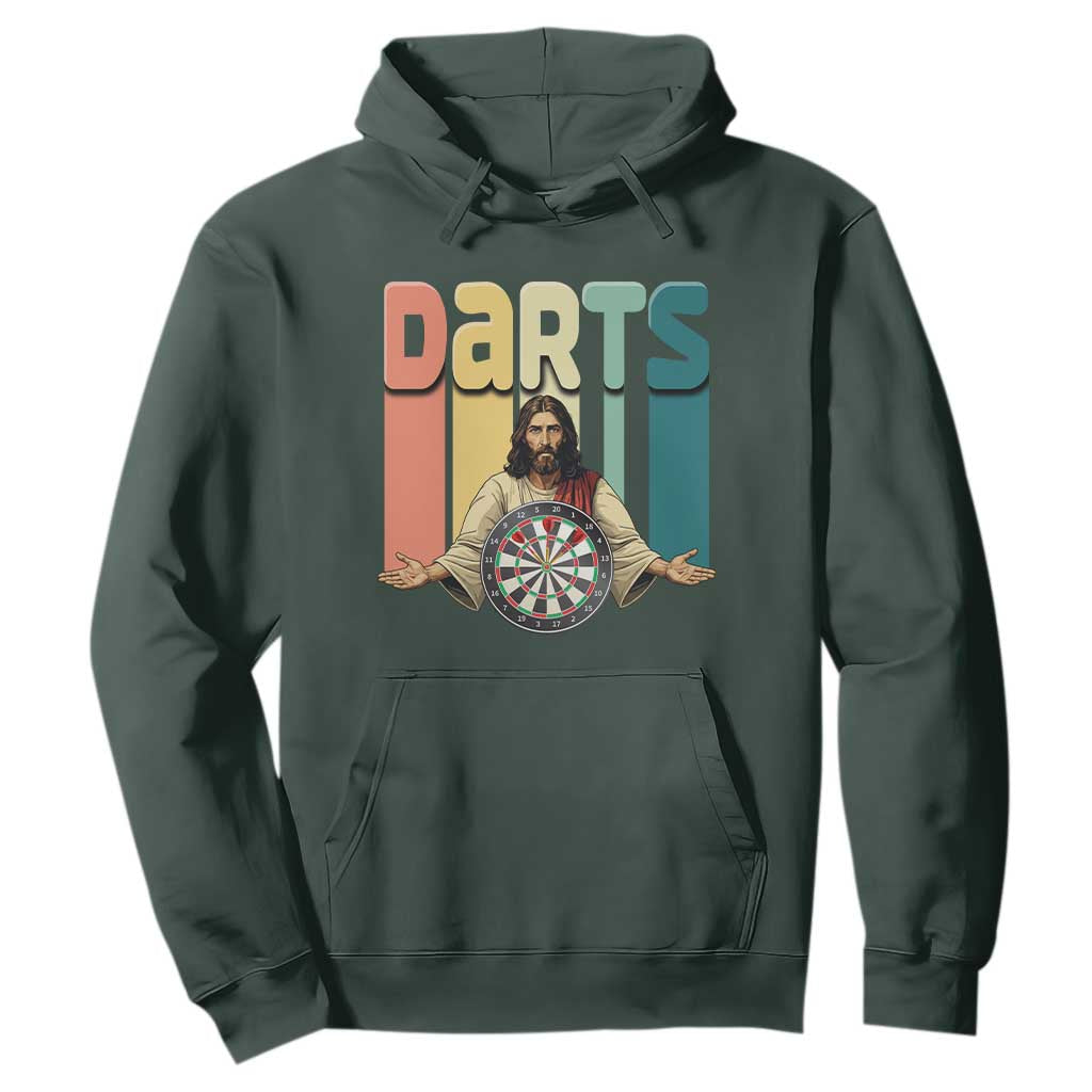 Funny Jesus Dart Player Sunset Retro Vintage Hoodie Christian Dartist Gift TS12 Dark Forest Green Print Your Wear