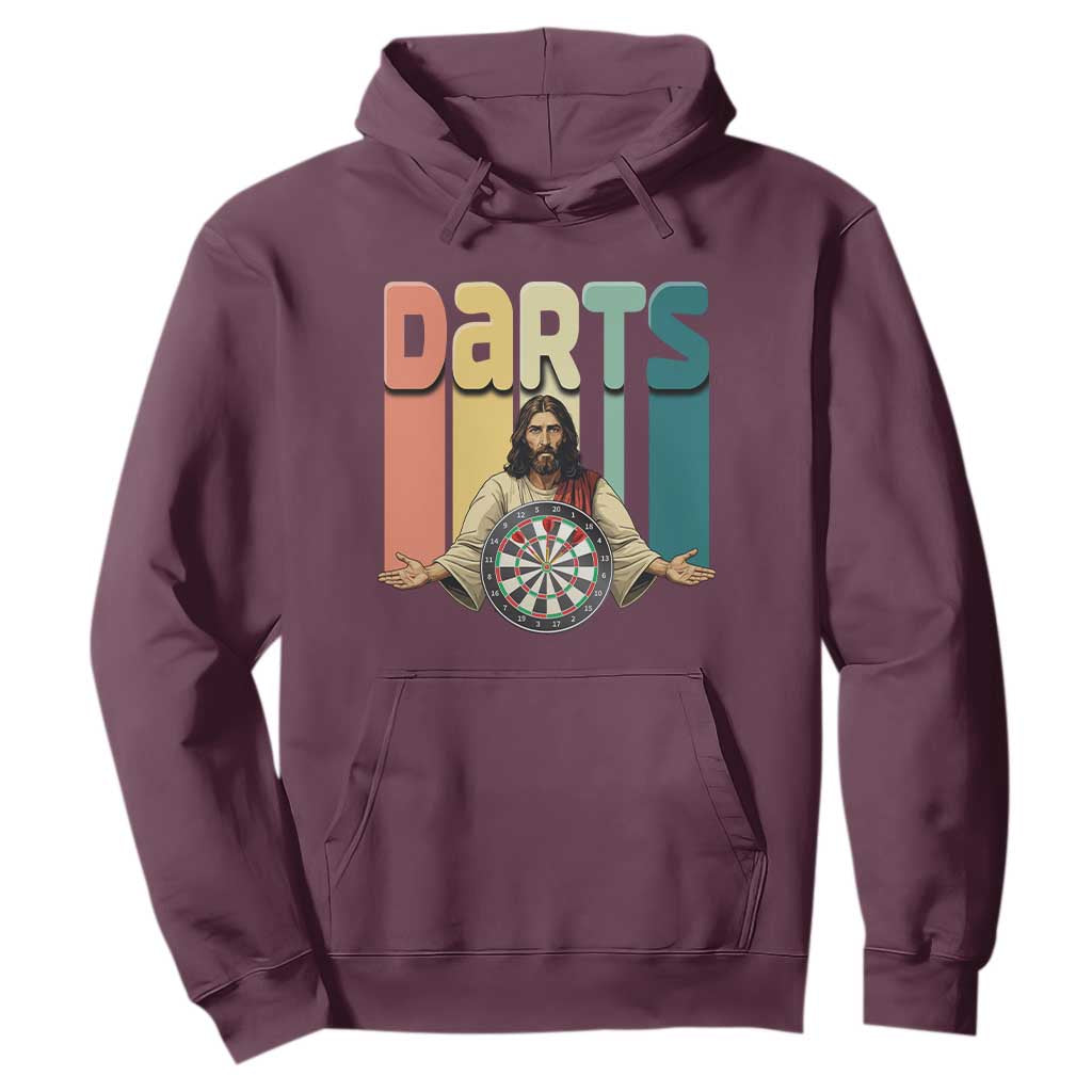 Funny Jesus Dart Player Sunset Retro Vintage Hoodie Christian Dartist Gift TS12 Maroon Print Your Wear