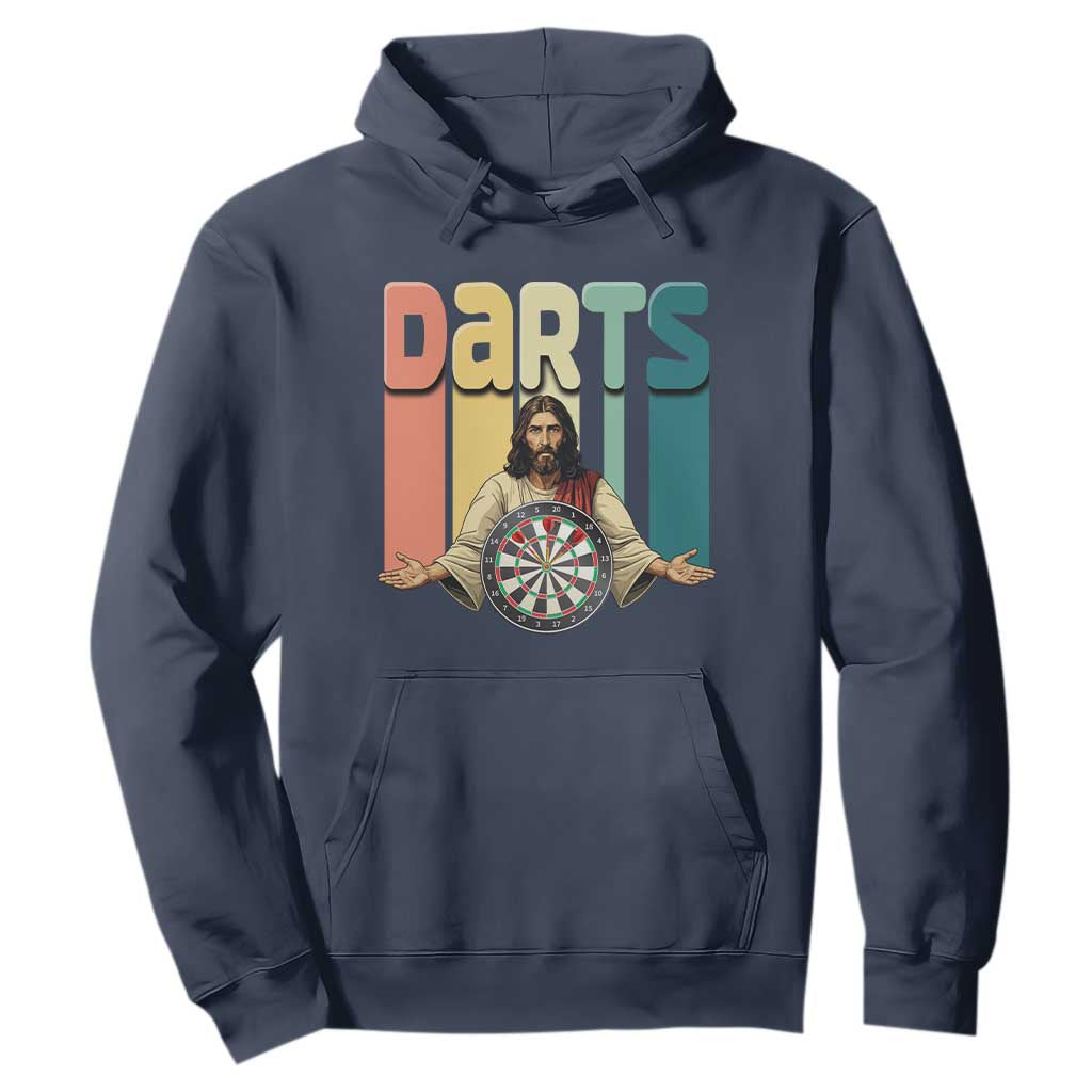 Funny Jesus Dart Player Sunset Retro Vintage Hoodie Christian Dartist Gift TS12 Navy Print Your Wear