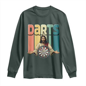 Funny Jesus Dart Player Sunset Retro Vintage Long Sleeve Shirt Christian Dartist Gift TS12 Dark Forest Green Print Your Wear