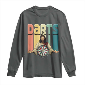 Funny Jesus Dart Player Sunset Retro Vintage Long Sleeve Shirt Christian Dartist Gift TS12 Dark Heather Print Your Wear