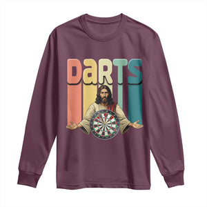 Funny Jesus Dart Player Sunset Retro Vintage Long Sleeve Shirt Christian Dartist Gift TS12 Maroon Print Your Wear