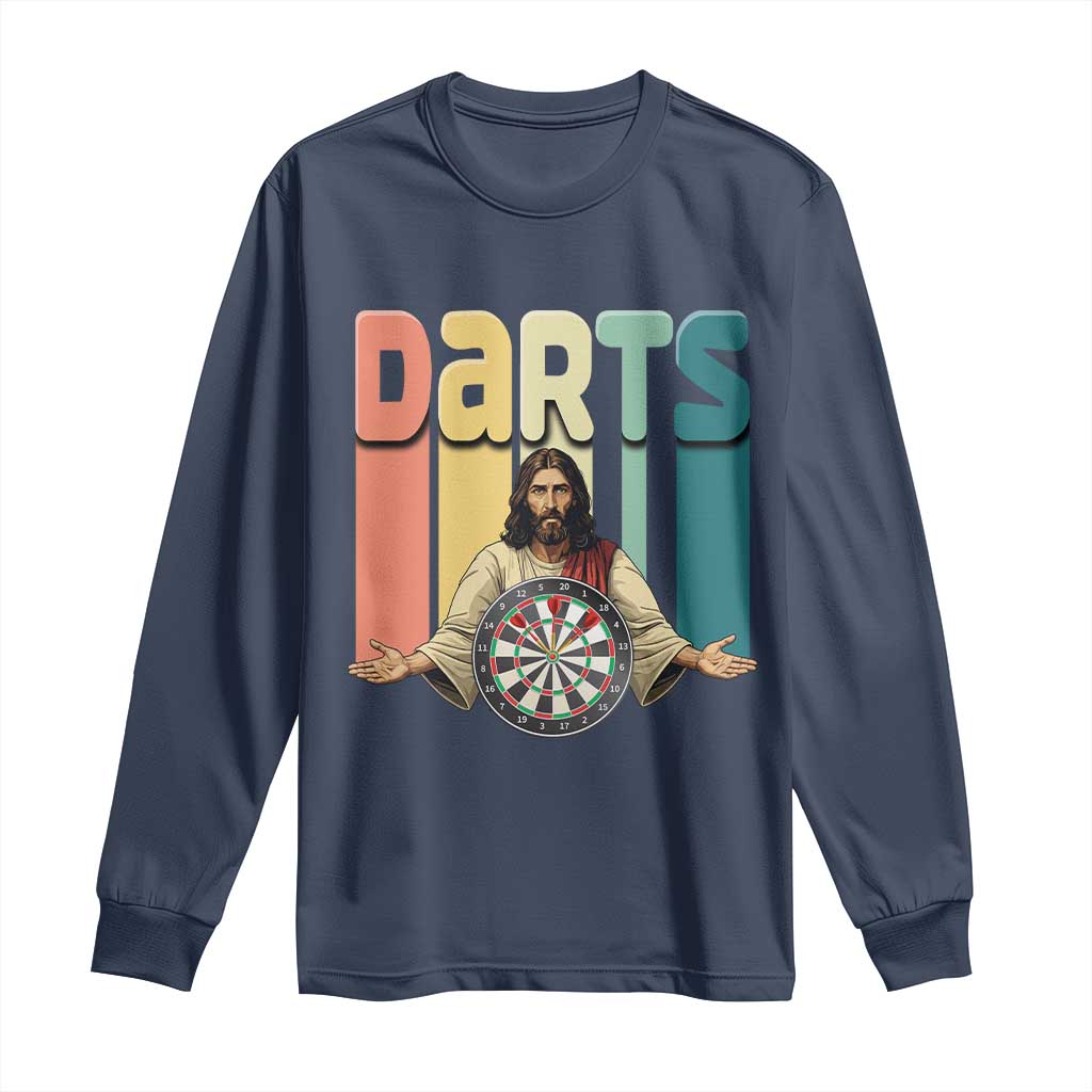 Funny Jesus Dart Player Sunset Retro Vintage Long Sleeve Shirt Christian Dartist Gift TS12 Navy Print Your Wear