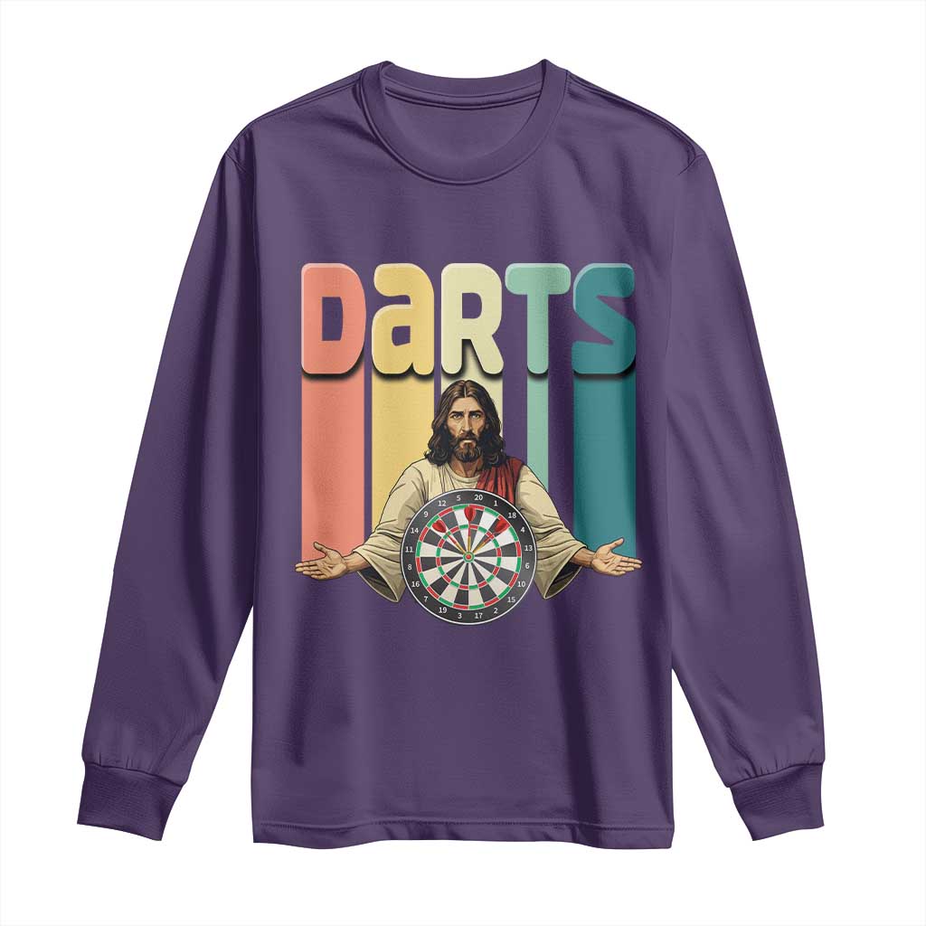 Funny Jesus Dart Player Sunset Retro Vintage Long Sleeve Shirt Christian Dartist Gift TS12 Purple Print Your Wear