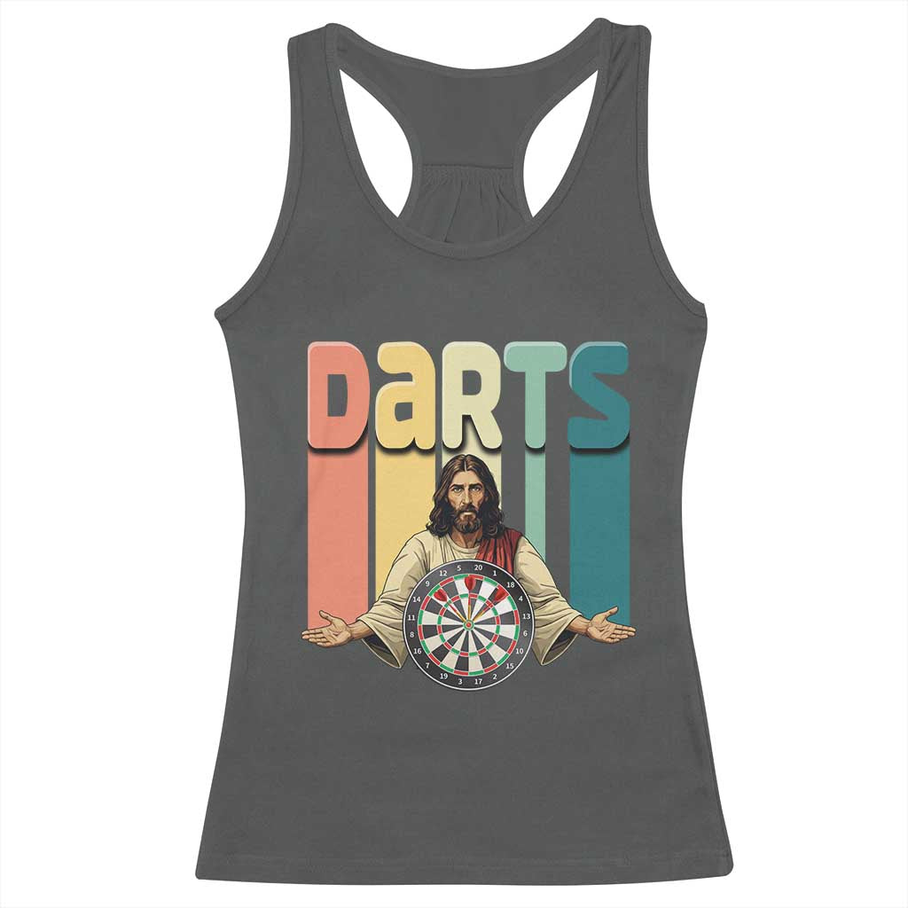 Funny Jesus Dart Player Sunset Retro Vintage Racerback Tank Top Christian Dartist Gift TS12 Dark Heather Print Your Wear