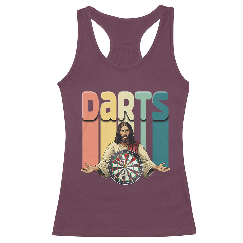 Funny Jesus Dart Player Sunset Retro Vintage Racerback Tank Top Christian Dartist Gift TS12 Maroon Print Your Wear