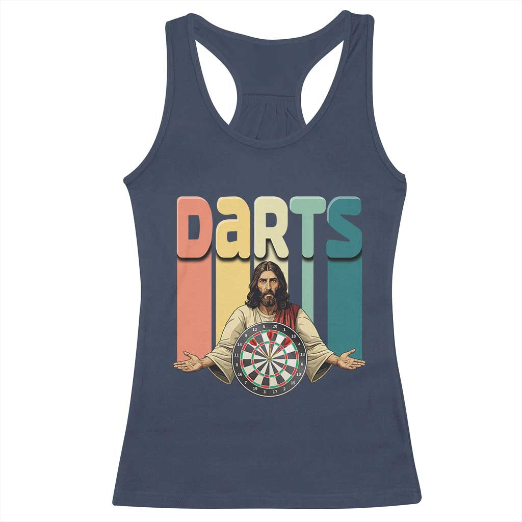 Funny Jesus Dart Player Sunset Retro Vintage Racerback Tank Top Christian Dartist Gift TS12 Navy Print Your Wear