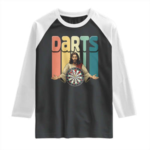 Funny Jesus Dart Player Sunset Retro Vintage Raglan Shirt Christian Dartist Gift TS12 Black White Print Your Wear