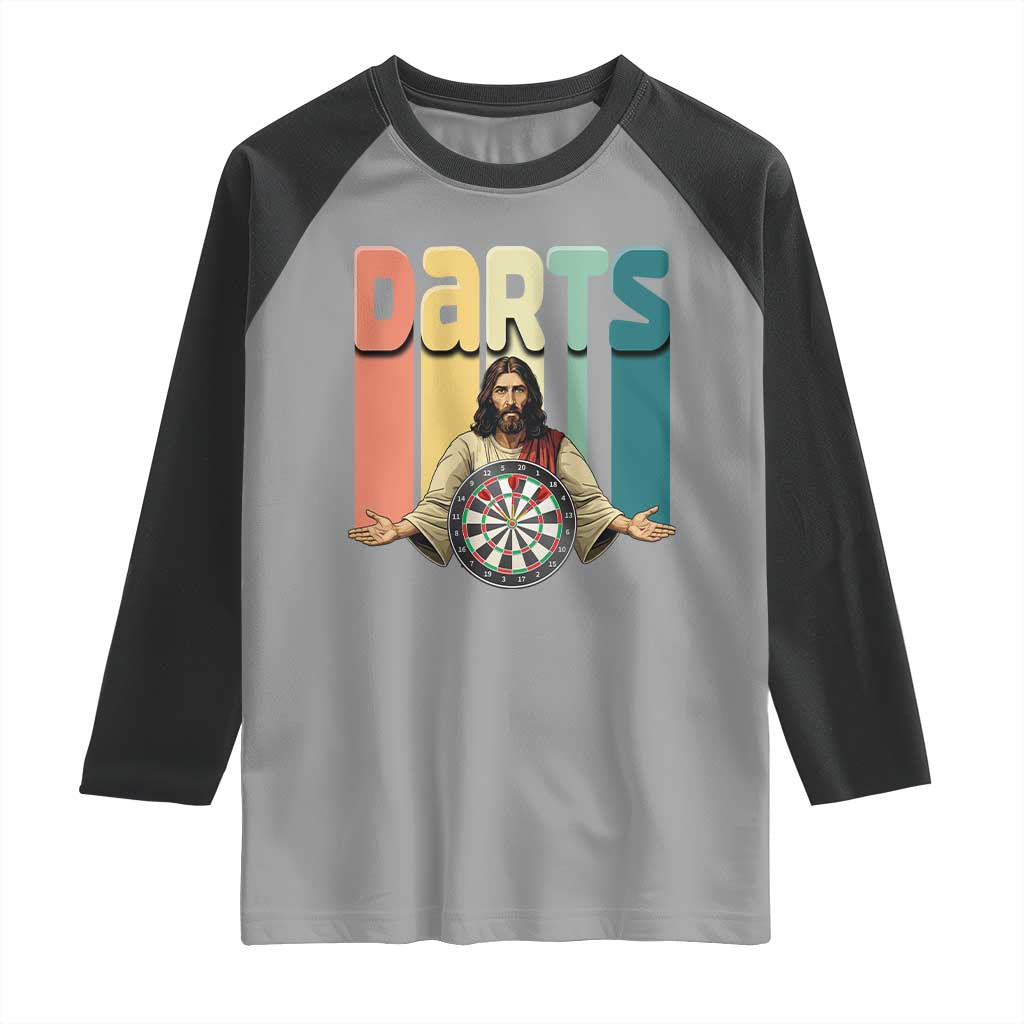 Funny Jesus Dart Player Sunset Retro Vintage Raglan Shirt Christian Dartist Gift TS12 Sport Gray Black Print Your Wear