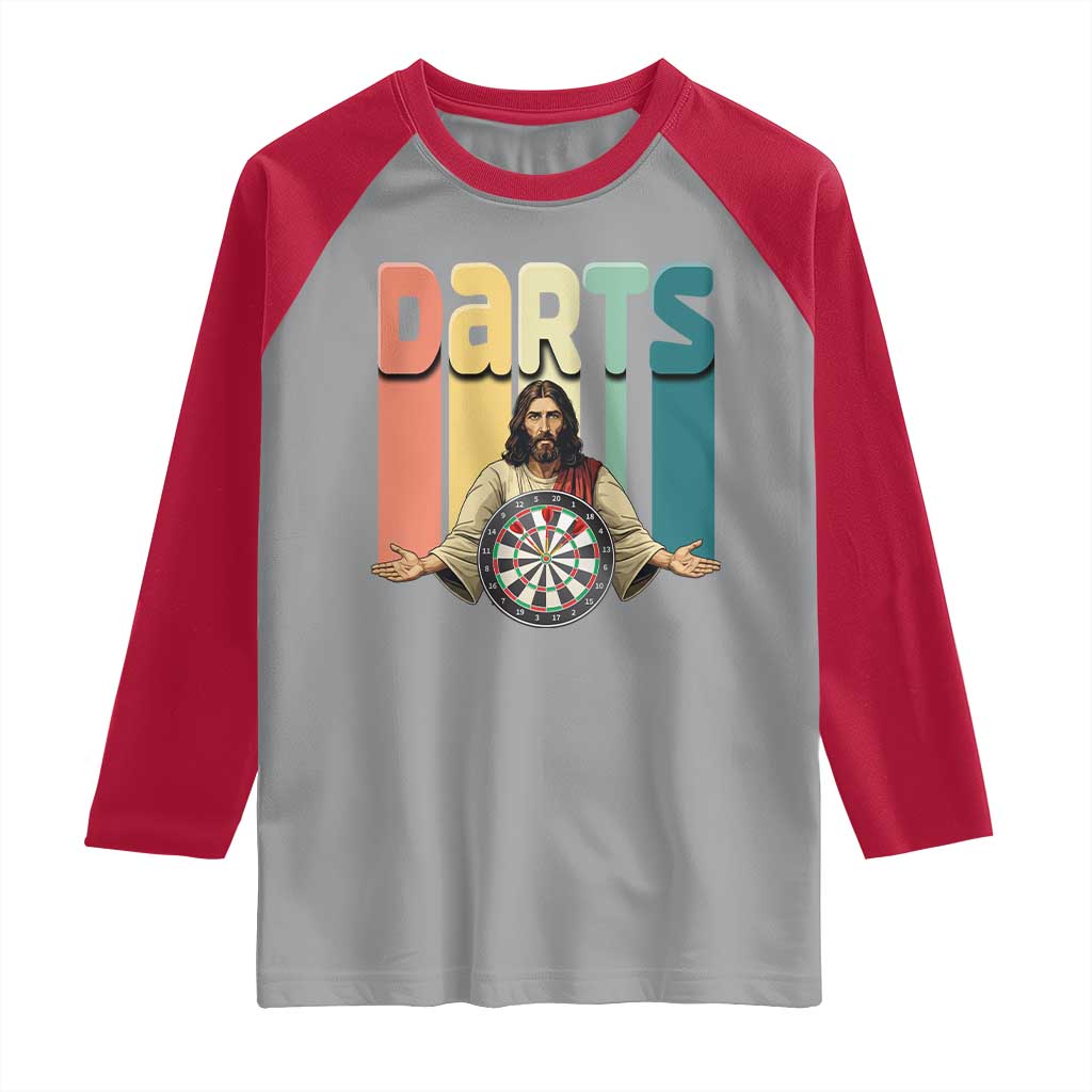 Funny Jesus Dart Player Sunset Retro Vintage Raglan Shirt Christian Dartist Gift TS12 Sport Gray Red Print Your Wear