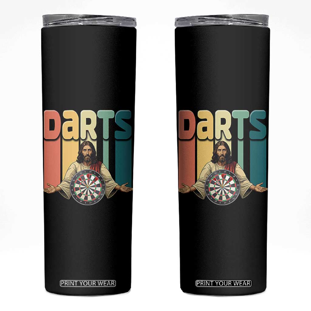 Funny Jesus Dart Player Sunset Retro Vintage Skinny Tumbler Christian Dartist Gift TS12 Black Print Your Wear