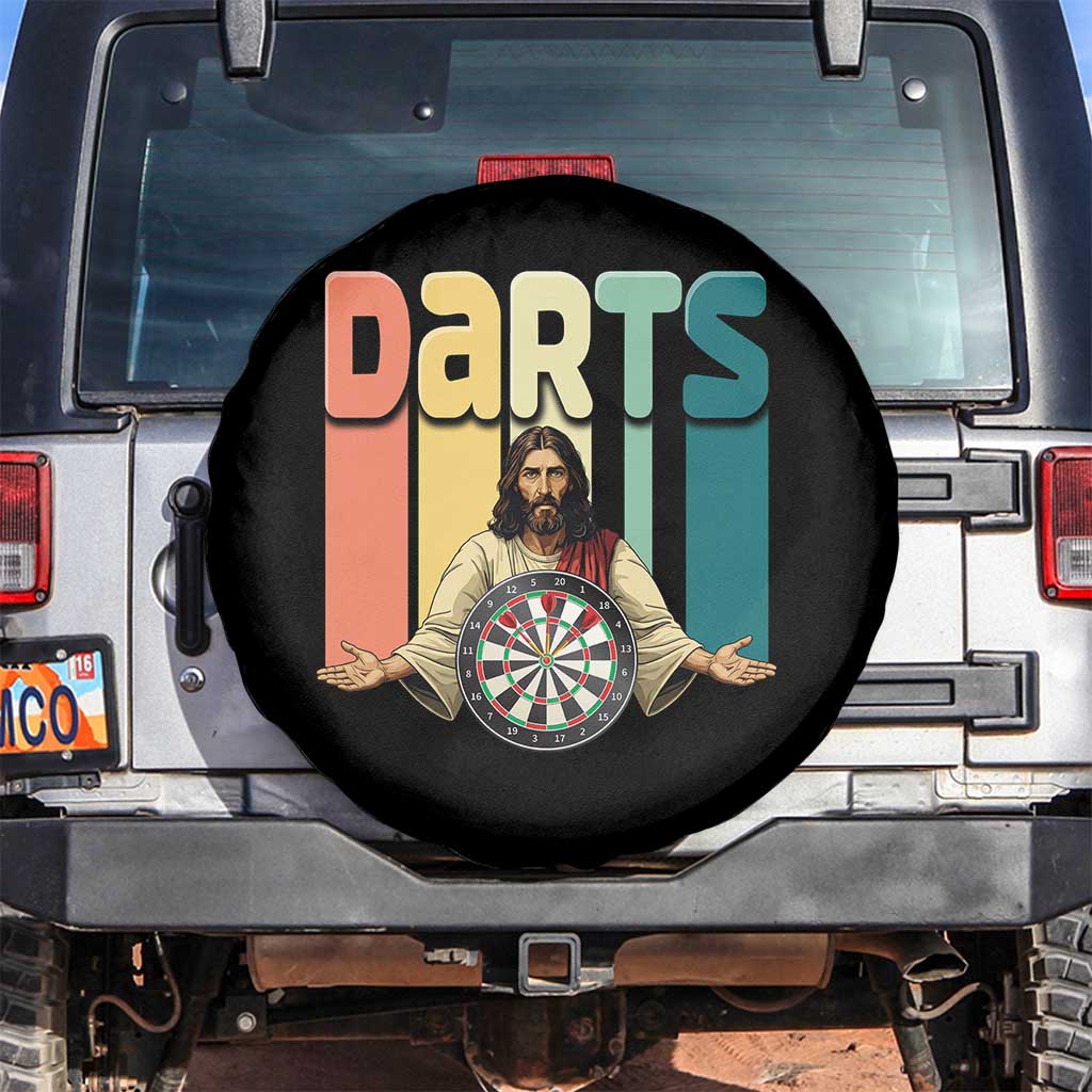 Funny Jesus Dart Player Sunset Retro Vintage Spare Tire Cover Christian Dartist Gift TS12 No hole Black Print Your Wear