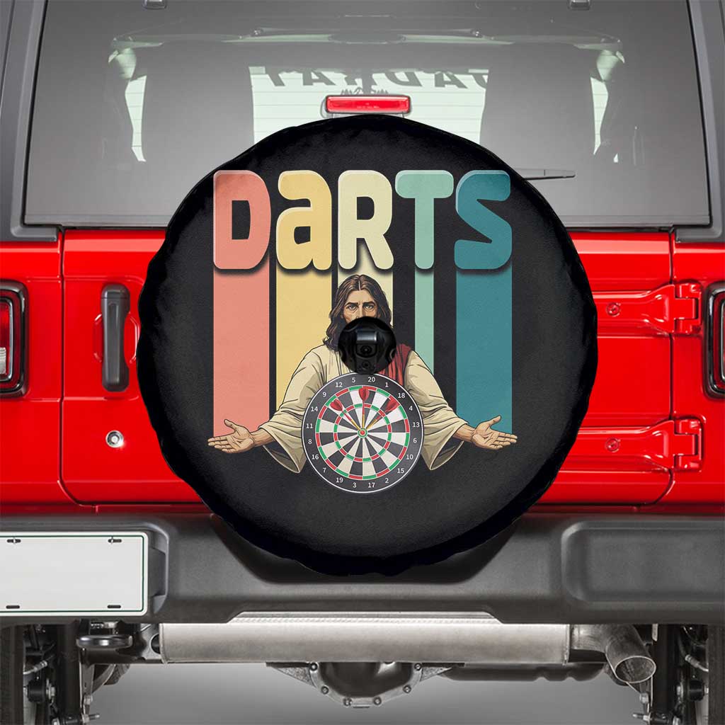 Funny Jesus Dart Player Sunset Retro Vintage Spare Tire Cover Christian Dartist Gift TS12 Black Print Your Wear