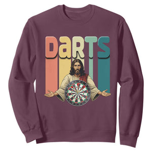 Funny Jesus Dart Player Sunset Retro Vintage Sweatshirt Christian Dartist Gift TS12 Maroon Print Your Wear