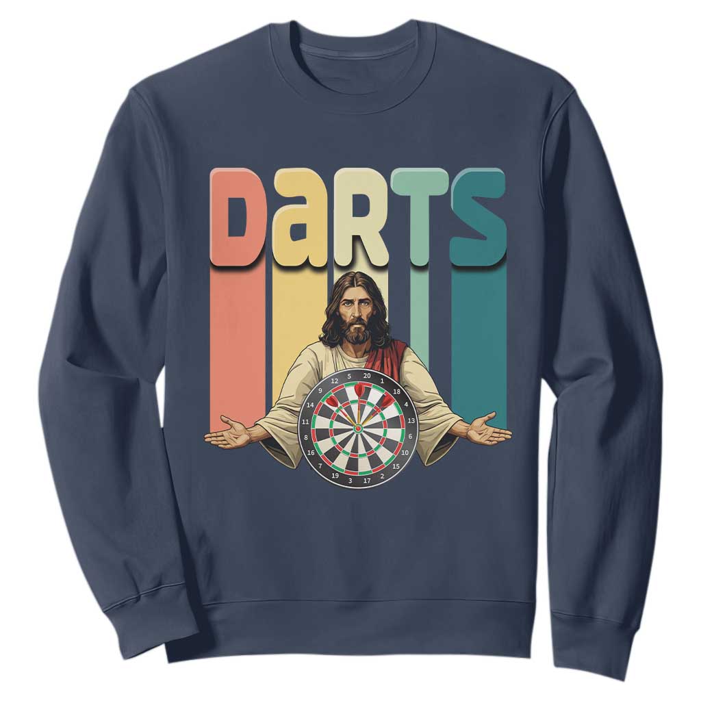 Funny Jesus Dart Player Sunset Retro Vintage Sweatshirt Christian Dartist Gift TS12 Navy Print Your Wear