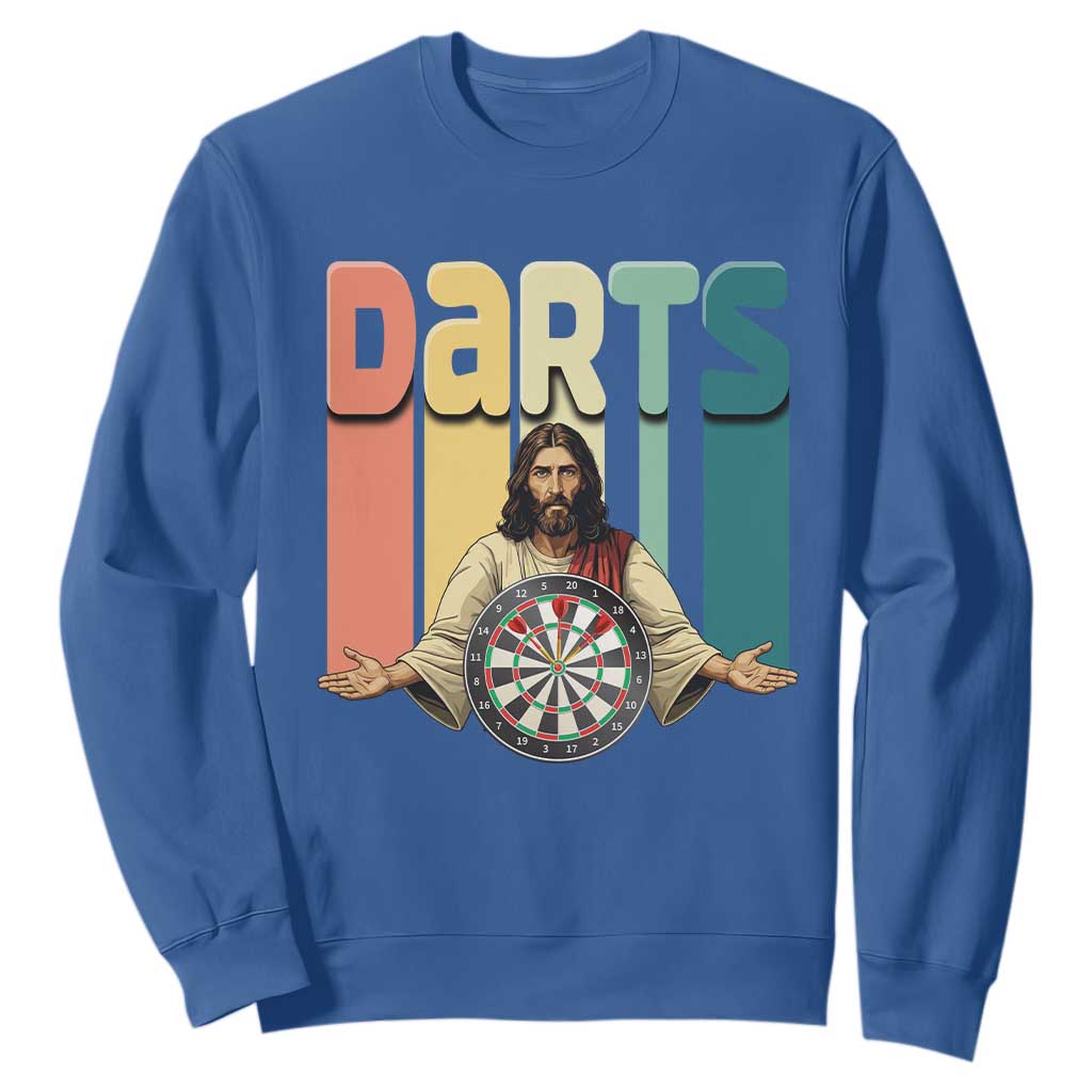 Funny Jesus Dart Player Sunset Retro Vintage Sweatshirt Christian Dartist Gift TS12 Royal Blue Print Your Wear