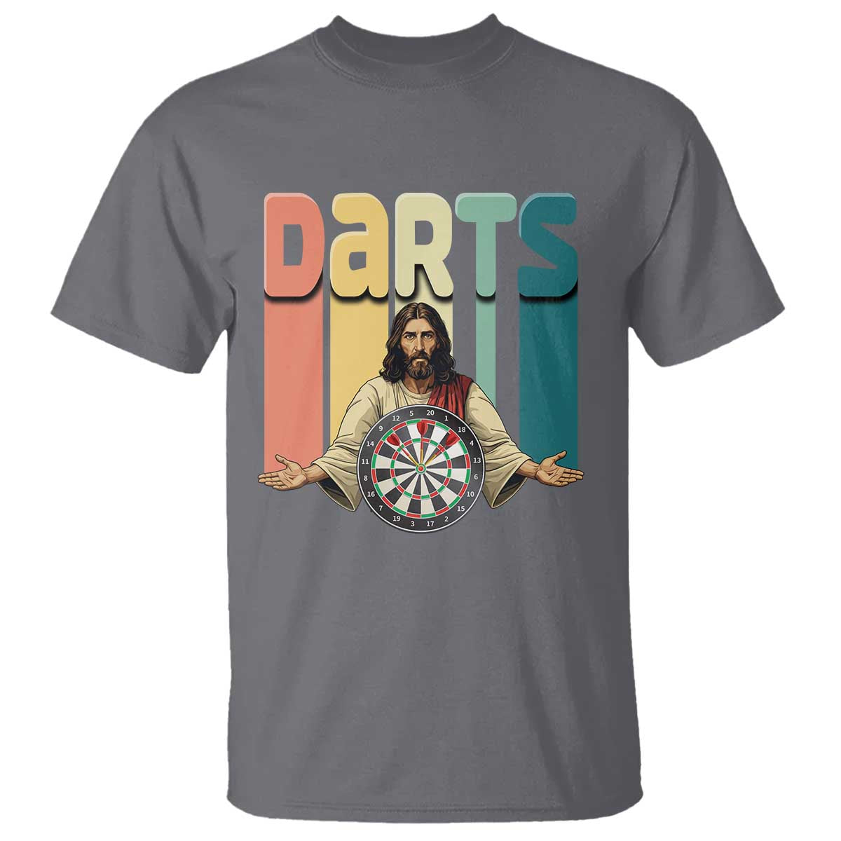 Funny Jesus Dart Player Sunset Retro Vintage T Shirt Christian Dartist Gift TS12 Charcoal Print Your Wear