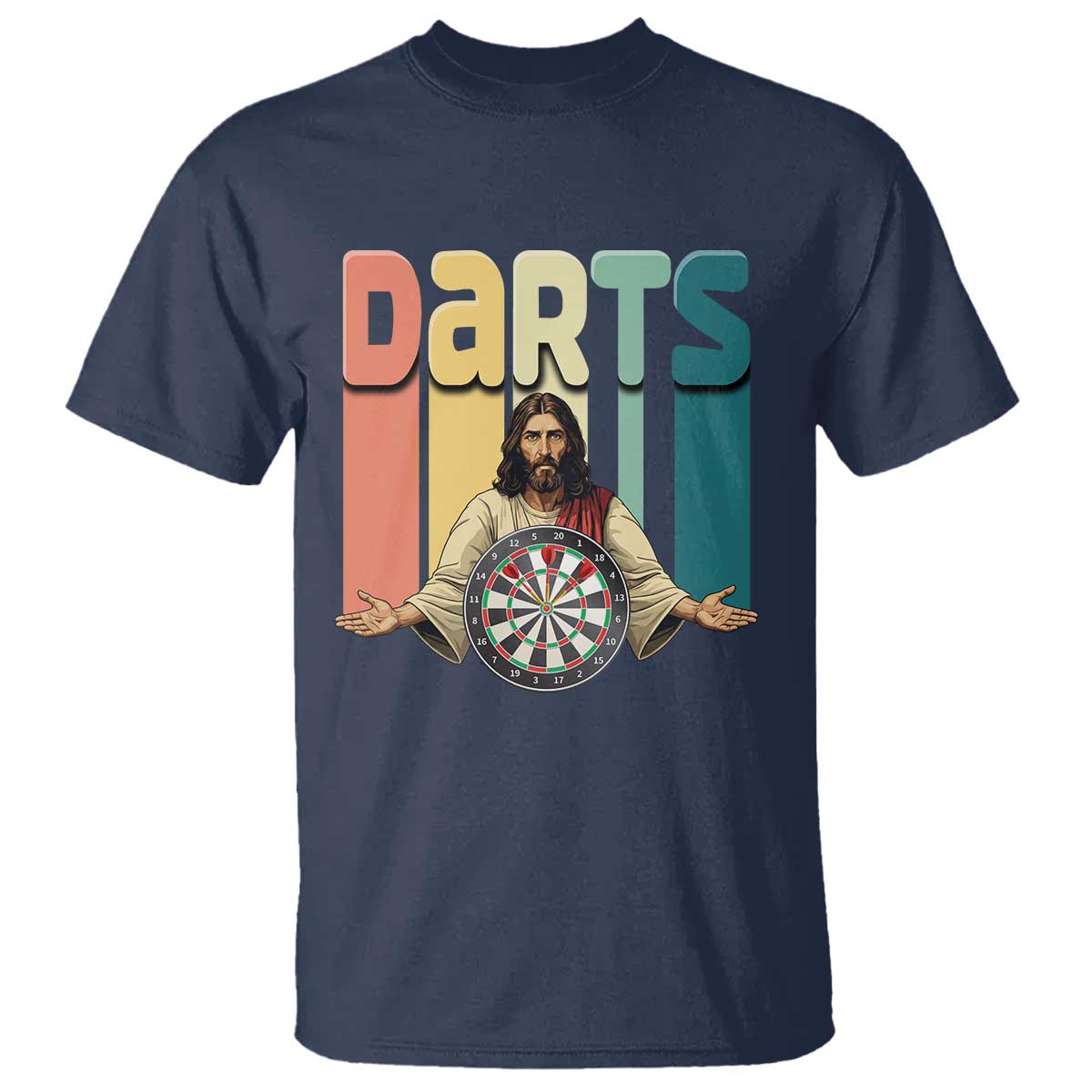 Funny Jesus Dart Player Sunset Retro Vintage T Shirt Christian Dartist Gift TS12 Navy Print Your Wear