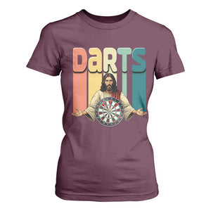 Funny Jesus Dart Player Sunset Retro Vintage T Shirt For Women Christian Dartist Gift TS12 Maroon Print Your Wear