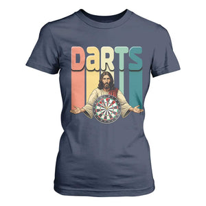 Funny Jesus Dart Player Sunset Retro Vintage T Shirt For Women Christian Dartist Gift TS12 Navy Print Your Wear