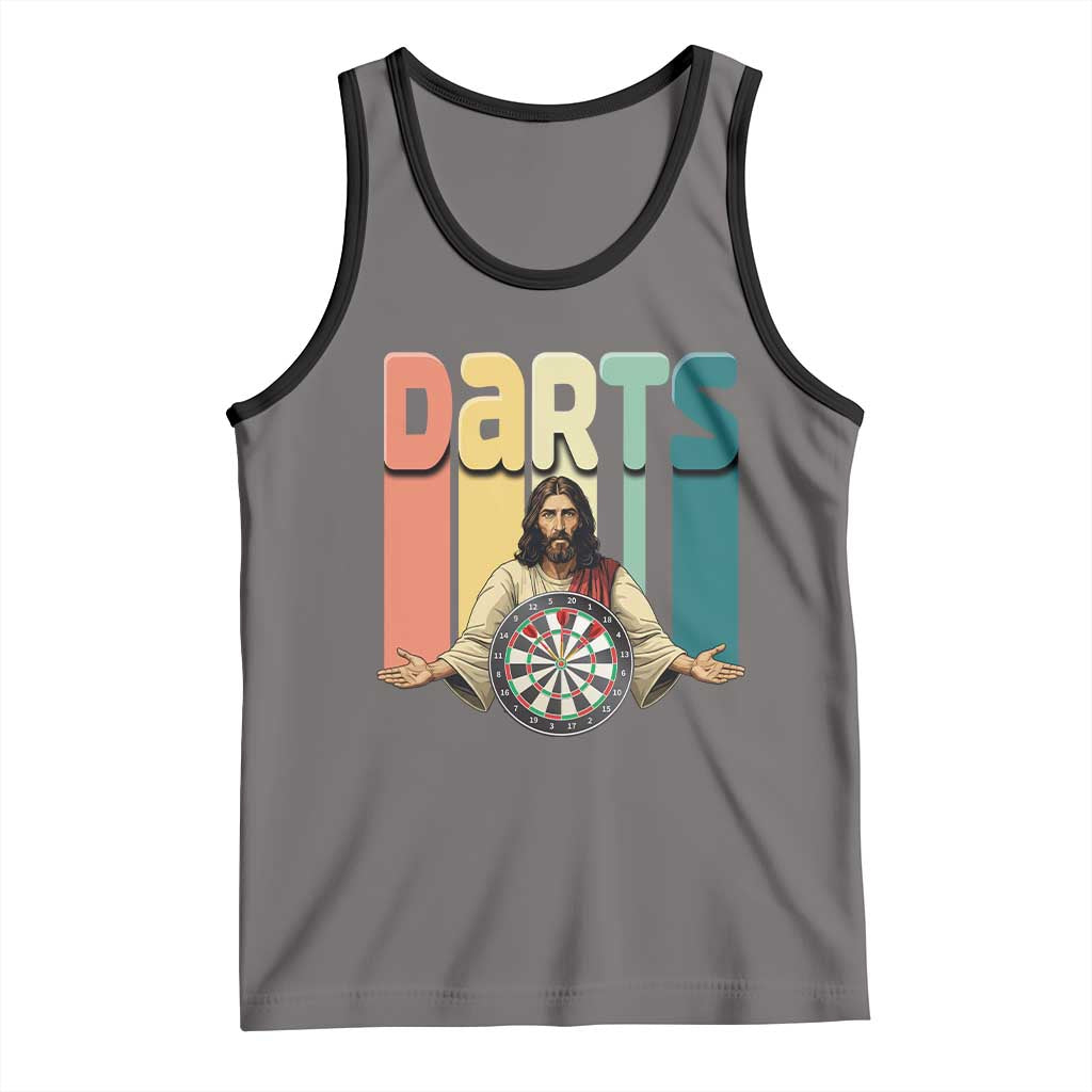 Funny Jesus Dart Player Sunset Retro Vintage Tank Top Christian Dartist Gift TS12 Deep Heather Black Print Your Wear