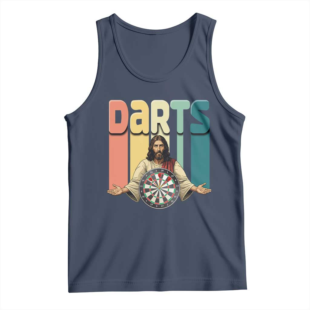 Funny Jesus Dart Player Sunset Retro Vintage Tank Top Christian Dartist Gift TS12 Navy Print Your Wear