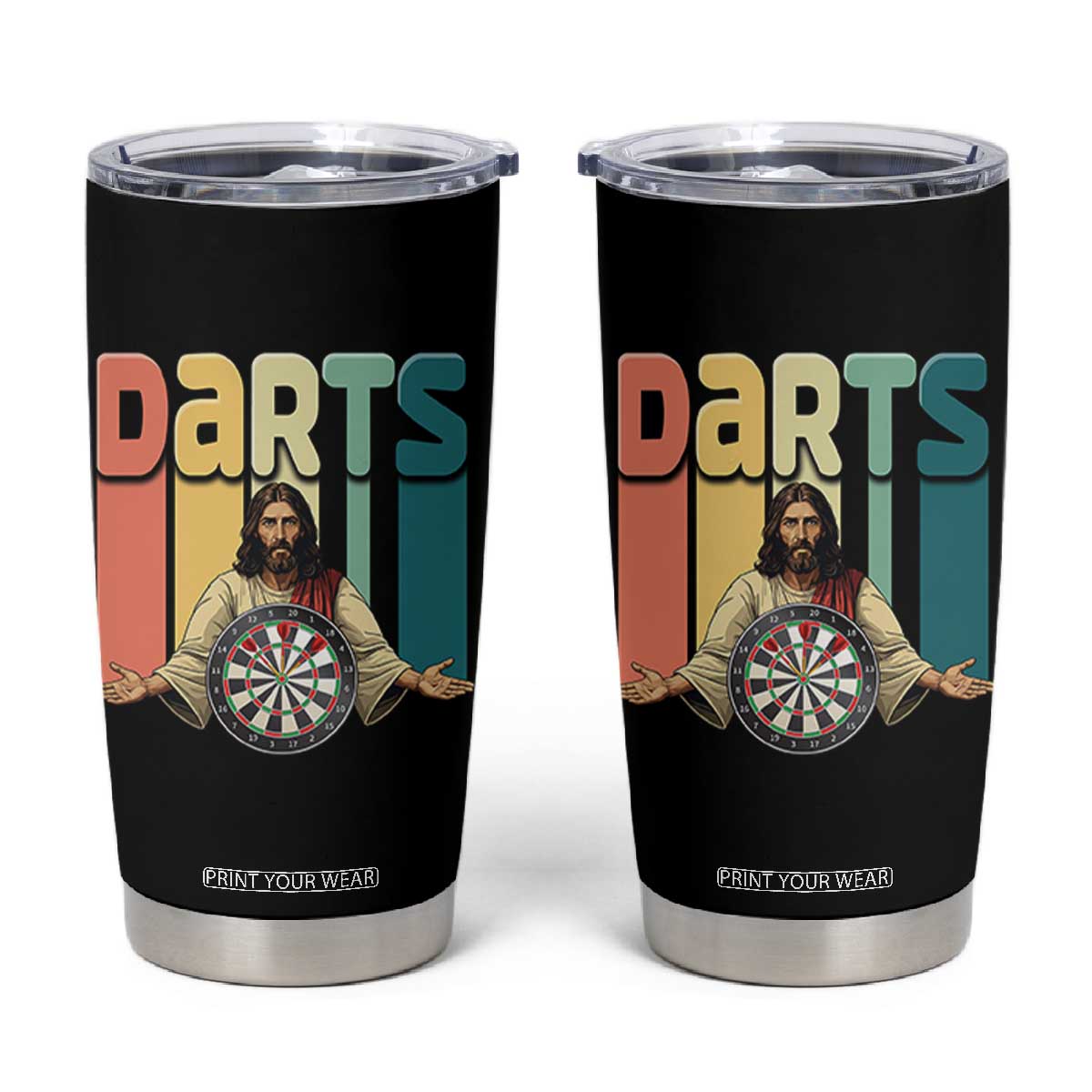 Funny Jesus Dart Player Sunset Retro Vintage Tumbler Cup Christian Dartist Gift TS12 Black Print Your Wear