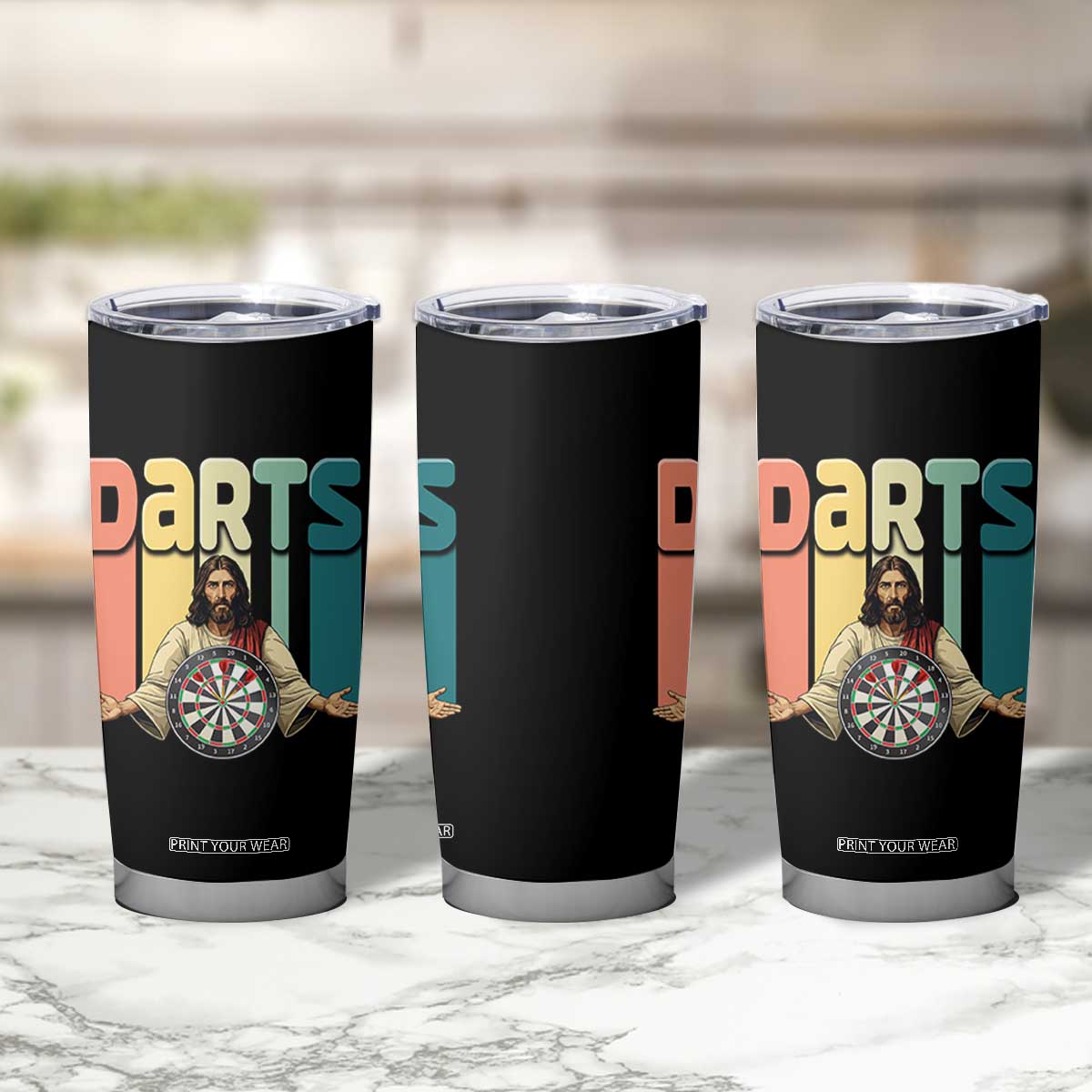 Funny Jesus Dart Player Sunset Retro Vintage Tumbler Cup Christian Dartist Gift TS12 Print Your Wear