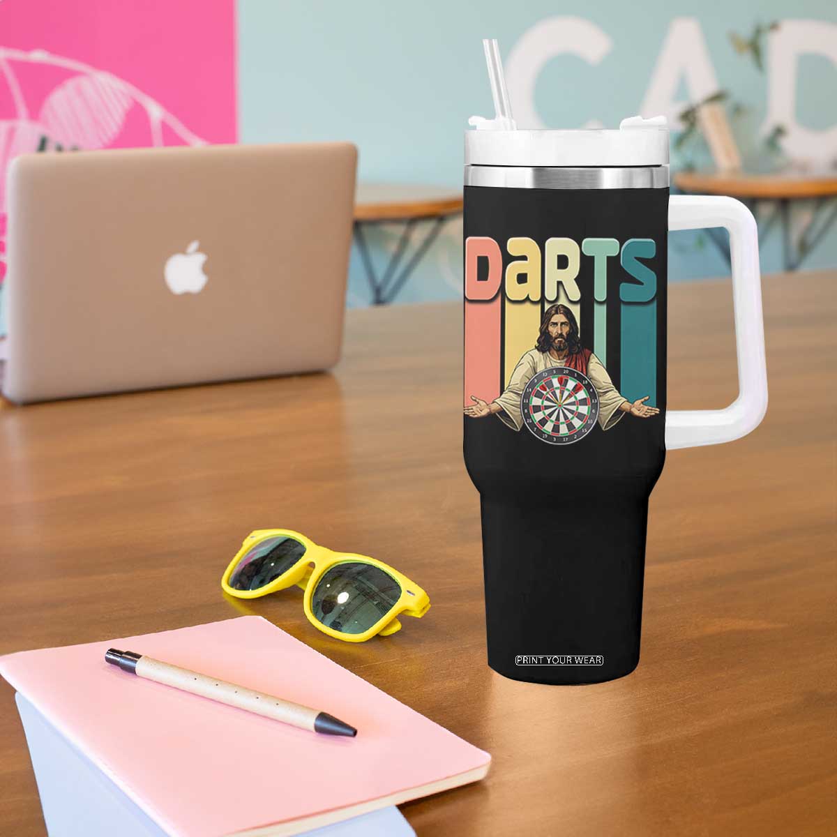 Funny Jesus Dart Player Sunset Retro Vintage Tumbler With Handle Christian Dartist Gift TS12 Print Your Wear