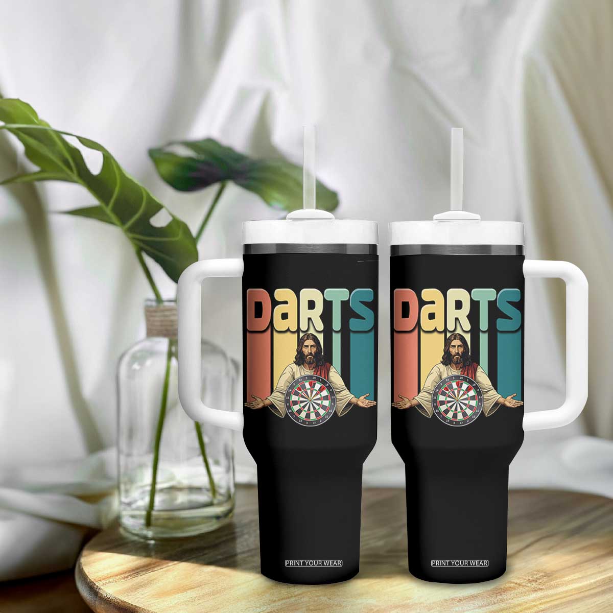 Funny Jesus Dart Player Sunset Retro Vintage Tumbler With Handle Christian Dartist Gift TS12 Print Your Wear