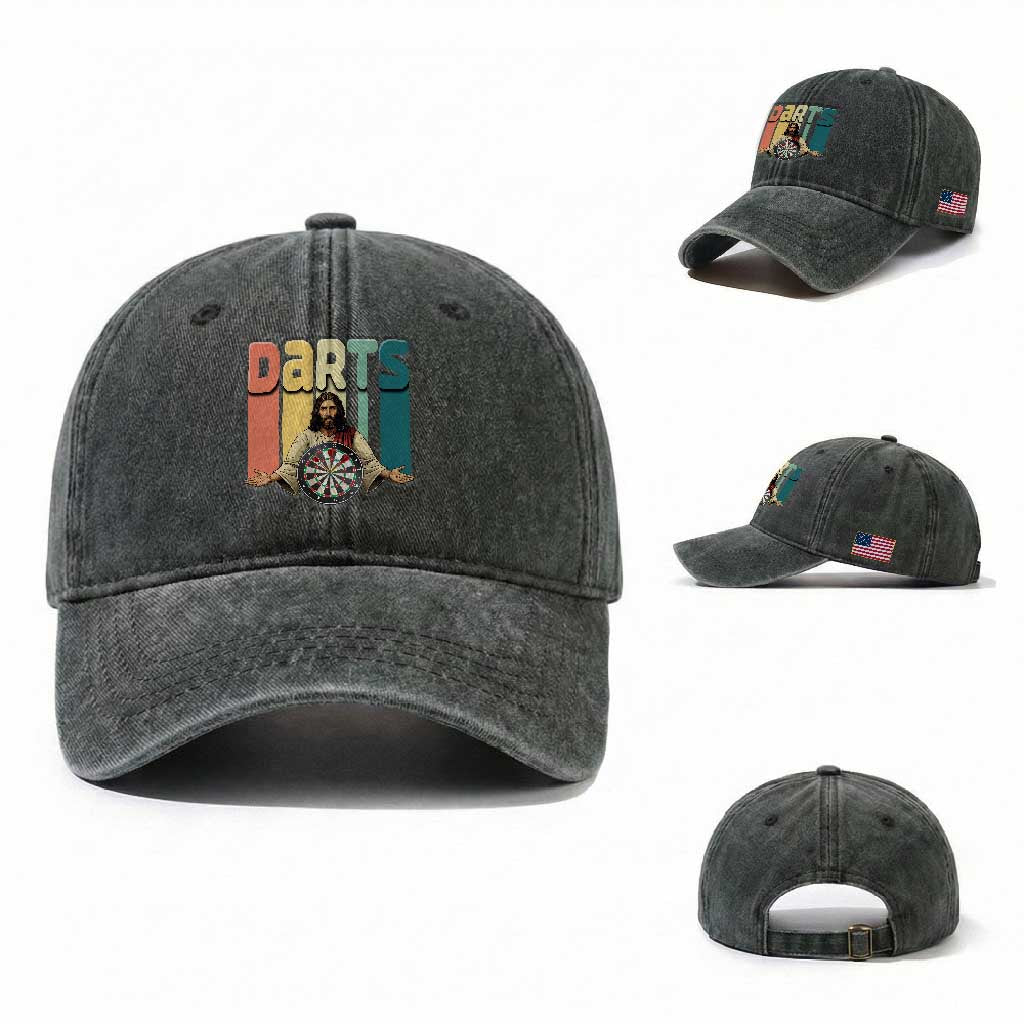 Funny Jesus Dart Player Sunset Retro Vintage Washed Cotton Baseball Cap Christian Dartist Gift TS12 Washed Cap Universal Fit Dark Green Print Your Wear