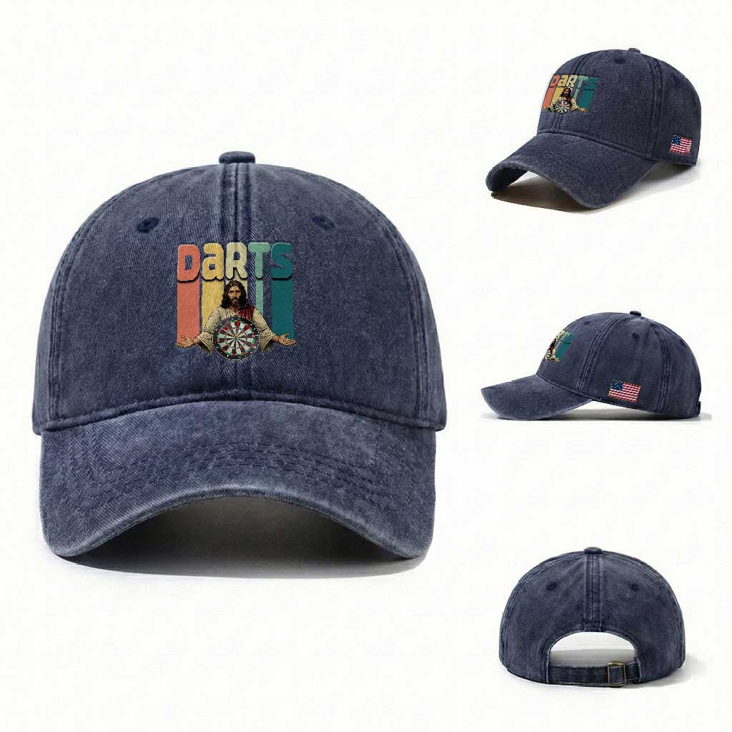 Funny Jesus Dart Player Sunset Retro Vintage Washed Cotton Baseball Cap Christian Dartist Gift TS12 Washed Cap Universal Fit Navy Print Your Wear