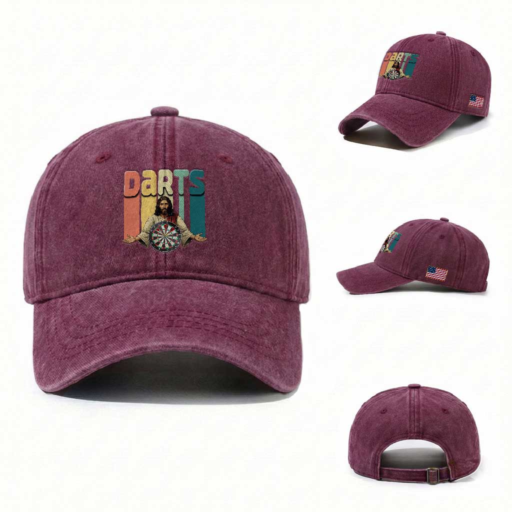 Funny Jesus Dart Player Sunset Retro Vintage Washed Cotton Baseball Cap Christian Dartist Gift TS12 Washed Cap Universal Fit Burgundy Print Your Wear