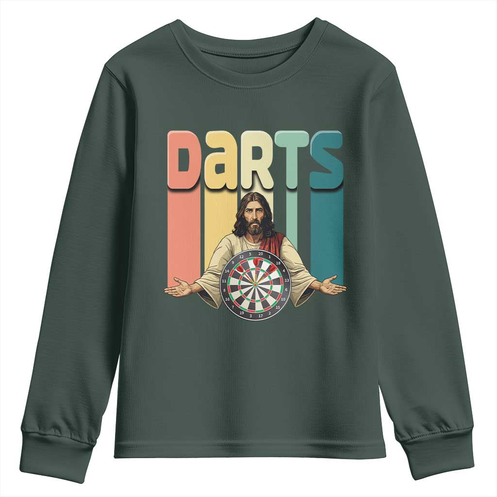 Funny Jesus Dart Player Sunset Retro Vintage Youth Sweatshirt Christian Dartist Gift TS12 Dark Forest Green Print Your Wear