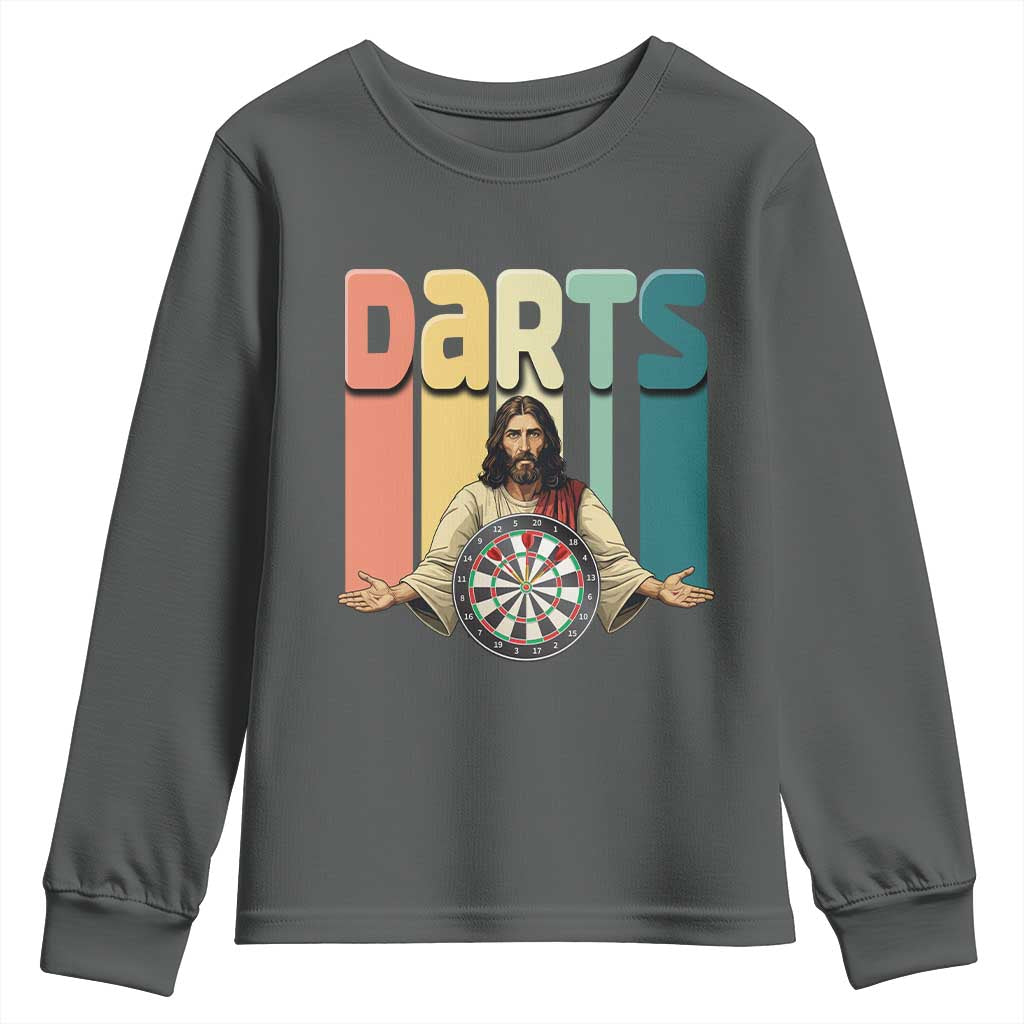 Funny Jesus Dart Player Sunset Retro Vintage Youth Sweatshirt Christian Dartist Gift TS12 Dark Heather Print Your Wear