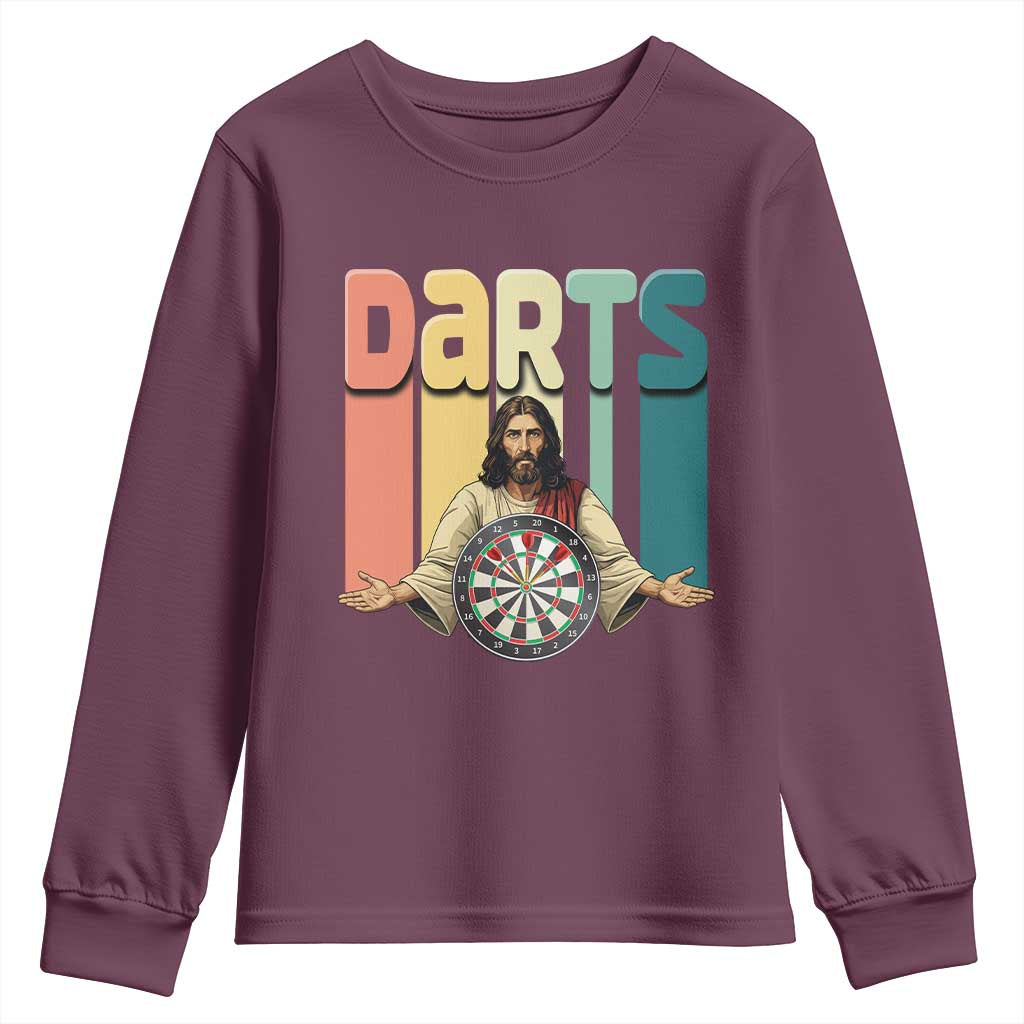 Funny Jesus Dart Player Sunset Retro Vintage Youth Sweatshirt Christian Dartist Gift TS12 Maroon Print Your Wear