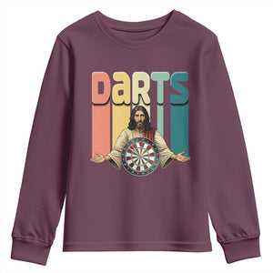 Funny Jesus Dart Player Sunset Retro Vintage Youth Sweatshirt Christian Dartist Gift TS12 Maroon Print Your Wear