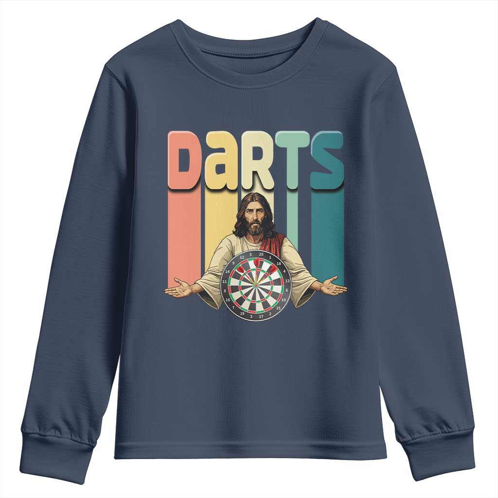 Funny Jesus Dart Player Sunset Retro Vintage Youth Sweatshirt Christian Dartist Gift TS12 Navy Print Your Wear