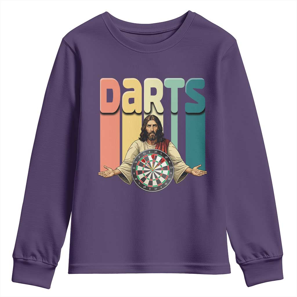 Funny Jesus Dart Player Sunset Retro Vintage Youth Sweatshirt Christian Dartist Gift TS12 Purple Print Your Wear
