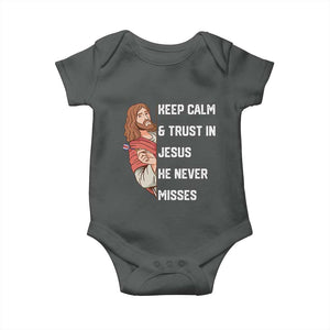Funny Christian Faith Darts Player Gift Baby Onesie Keep Calm And Trust In Jesus He Never Misses TS12 Dark Heather Print Your Wear